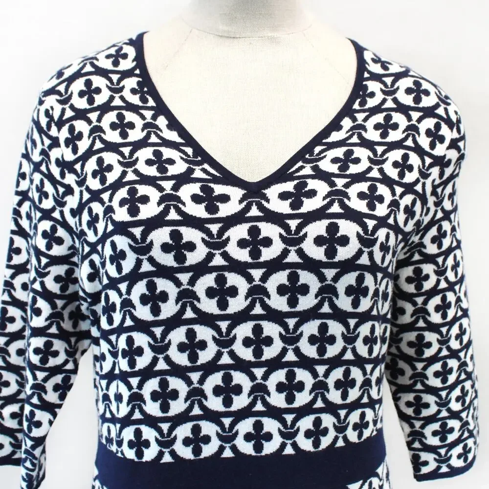 Boden Knit A-Line Dress Baroque-inspired Print V-Neck Soft Old Money Size 18